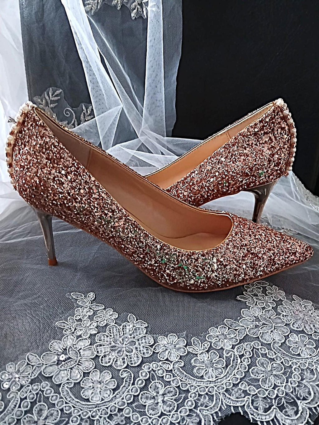 Rose Gold Glitter Shoes Hat and Clutch Bag Set: Low Heel Bridal Footwear