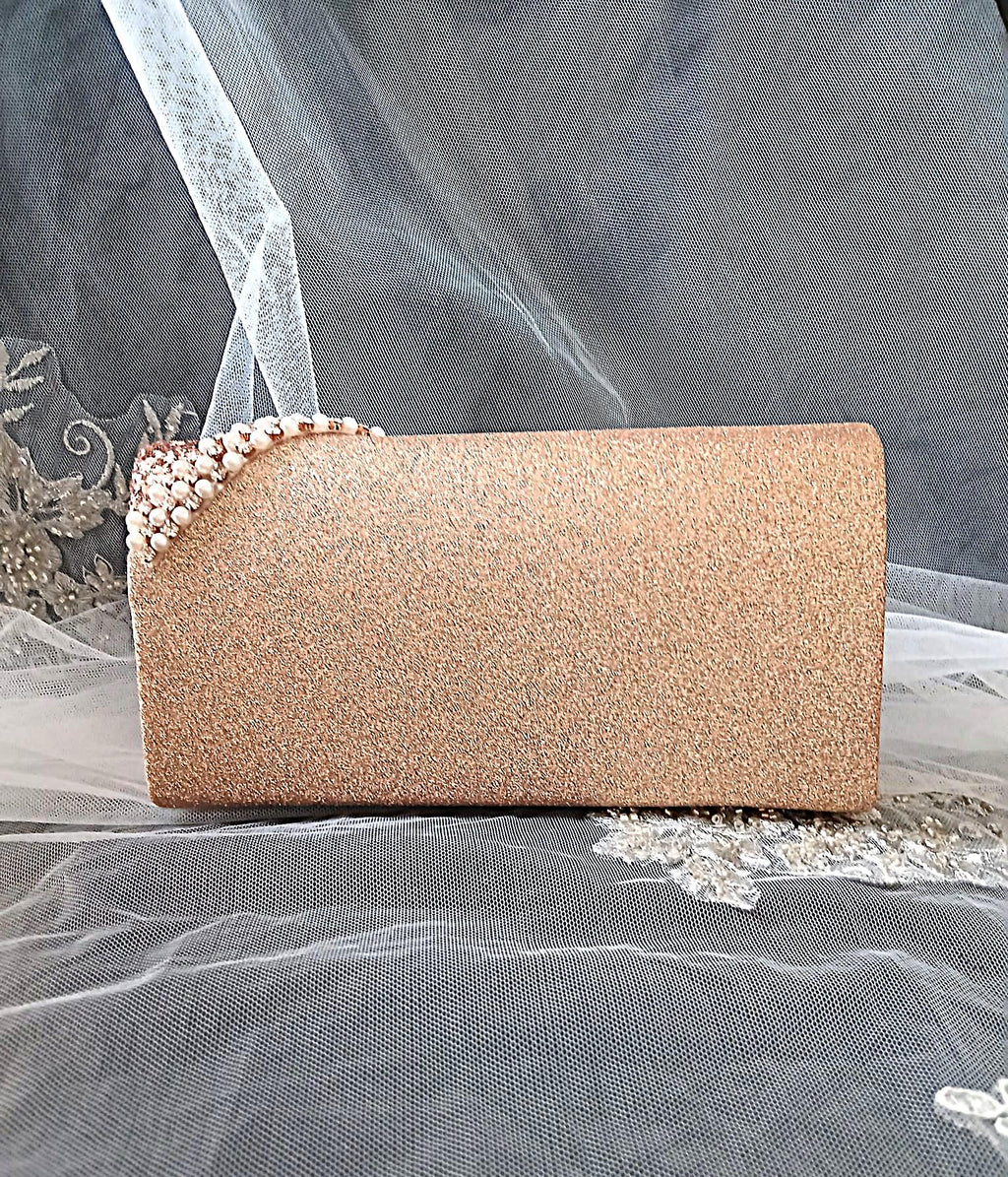 Rose Gold Floral Hat & Glitter Clutch Bag Set: Formal Event Accessories