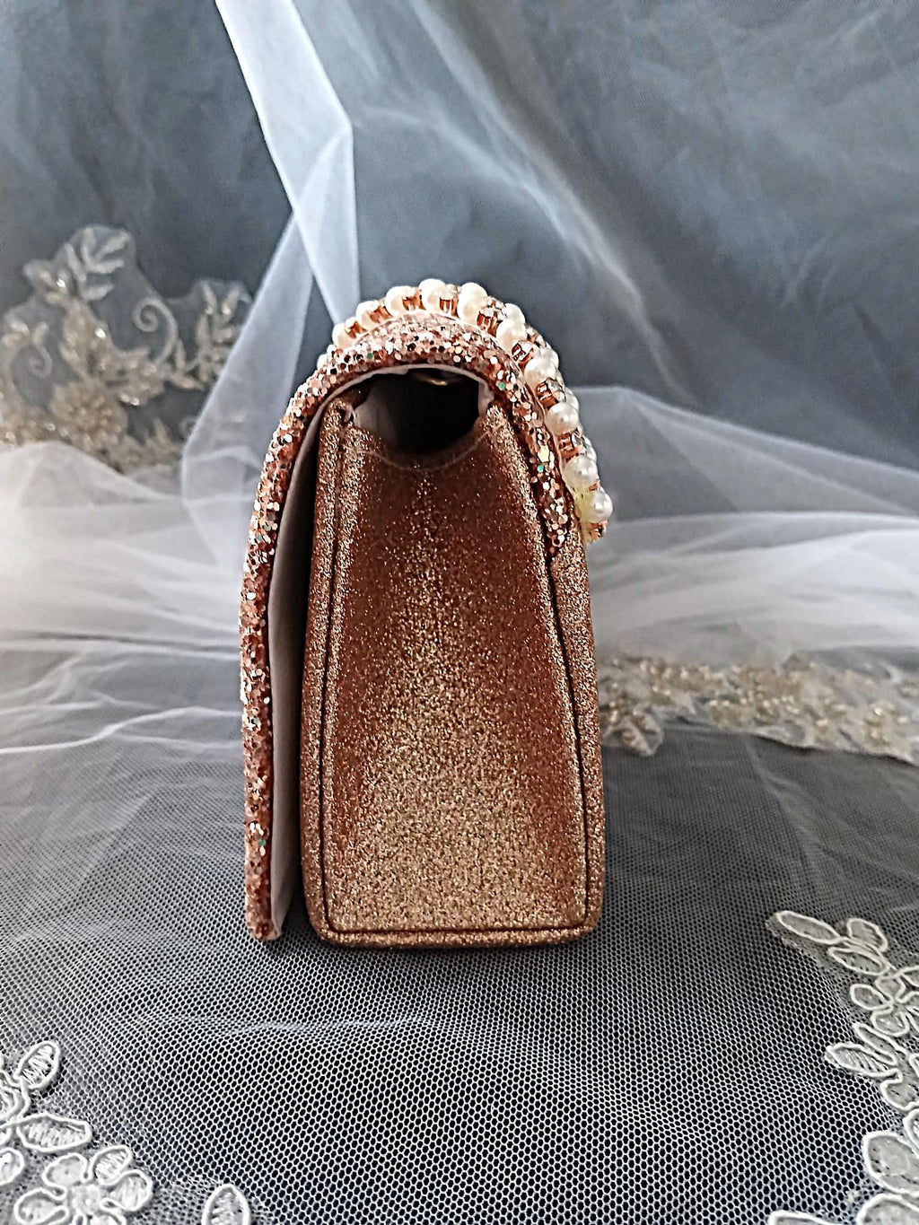 Rose Gold Floral Hat & Glitter Clutch Bag Set: Formal Event Accessories