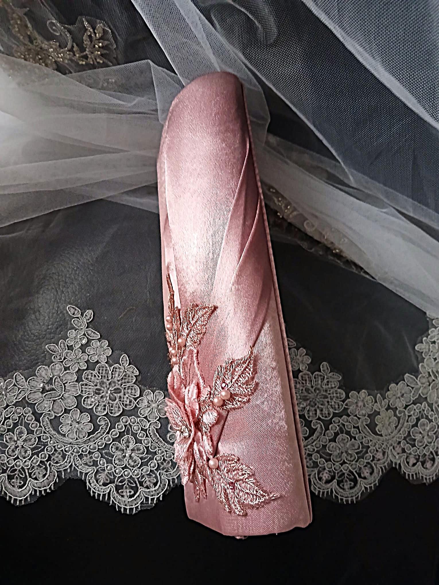 Dusky Pink Satin Clutch Bag: Floral Wedding Handbag with Chain