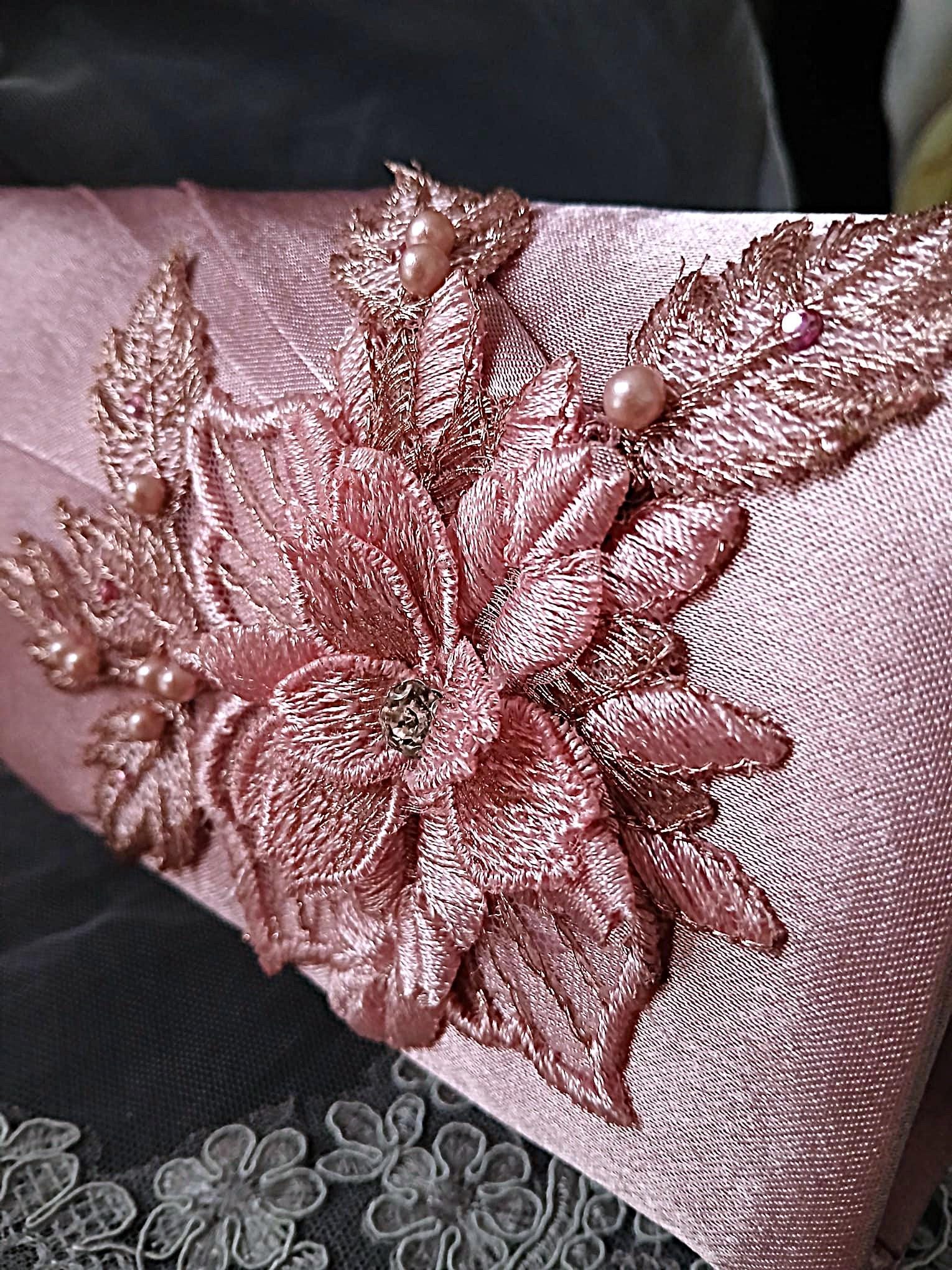 Dusky Pink Satin Clutch Bag: Floral Wedding Handbag with Chain
