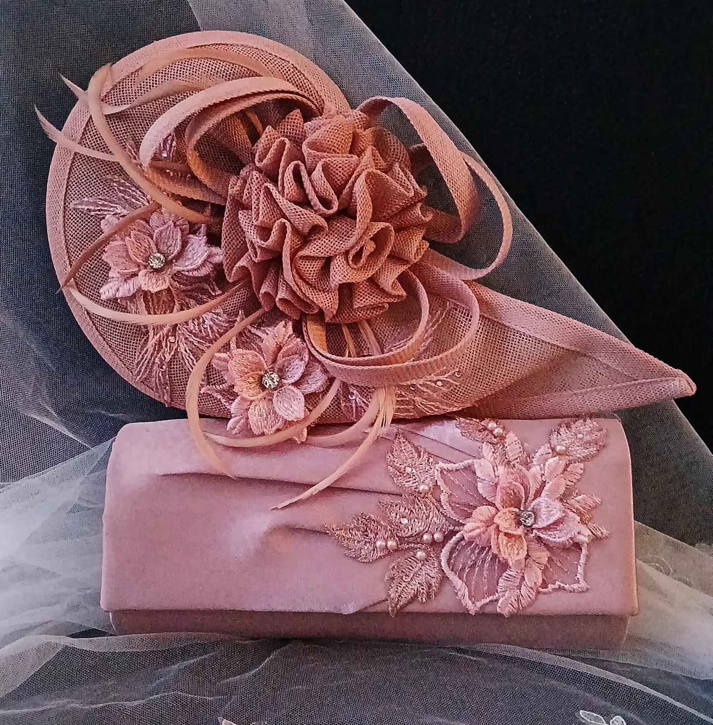 Dusky Pink Floral Fascinator Hat & Satin Clutch Bag Set