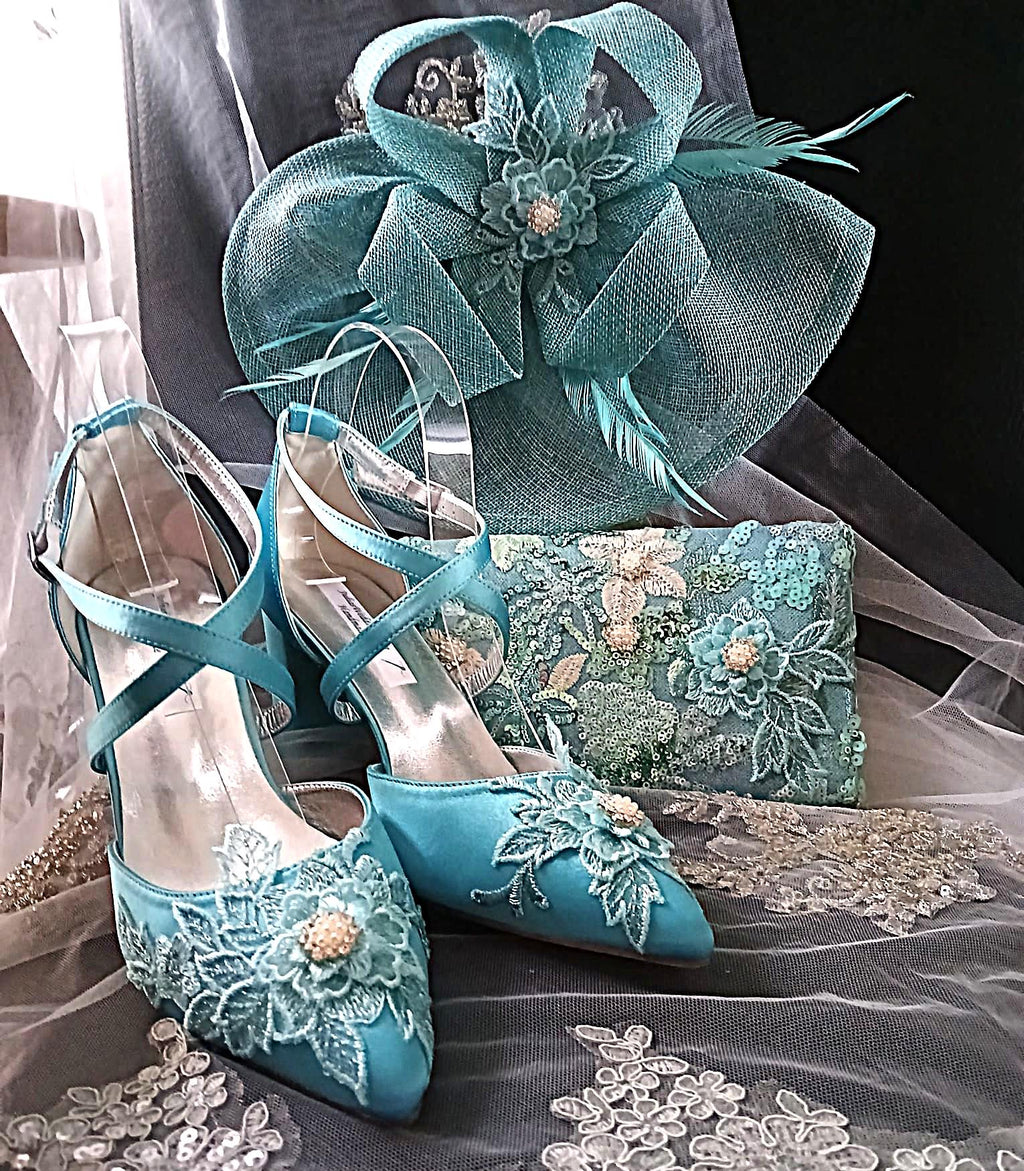 Turquoise Floral Block Heel Sandal Hat & Clutch Set: Elegant Footwear for Formal Occasions