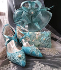 Turquoise Floral Block Heel Sandal Hat & Clutch Set: Elegant Footwear for Formal Occasions
