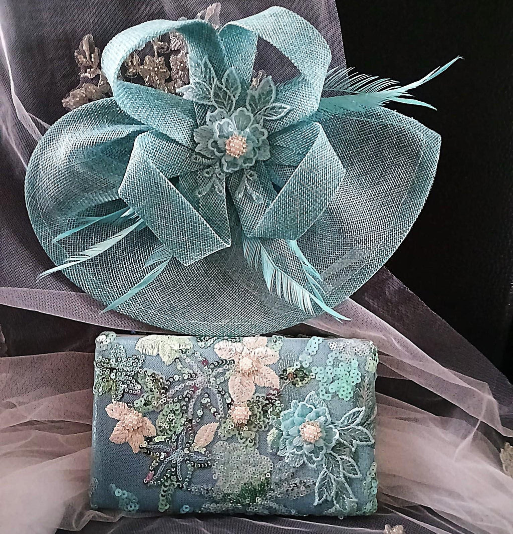 Turquoise Floral Hat & Embroidered Clutch Bag Set: Formal Event Accessories