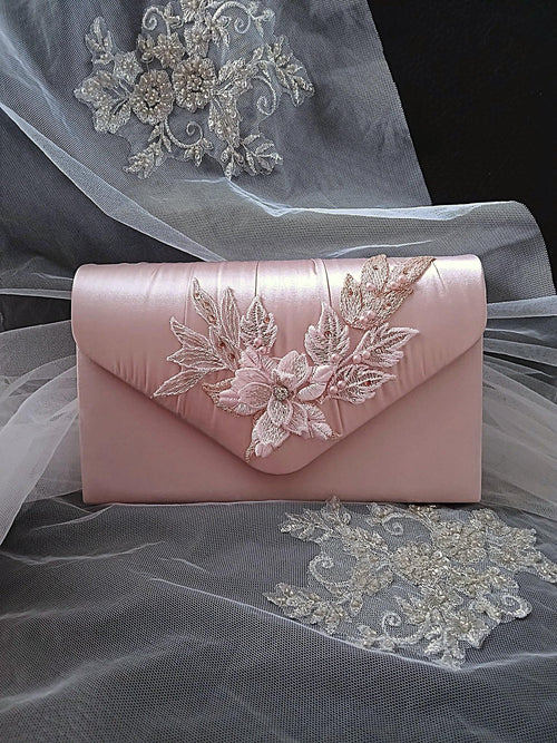 Blush Pink Floral Hat & Satin Clutch Bag Set For Formal Event And Party