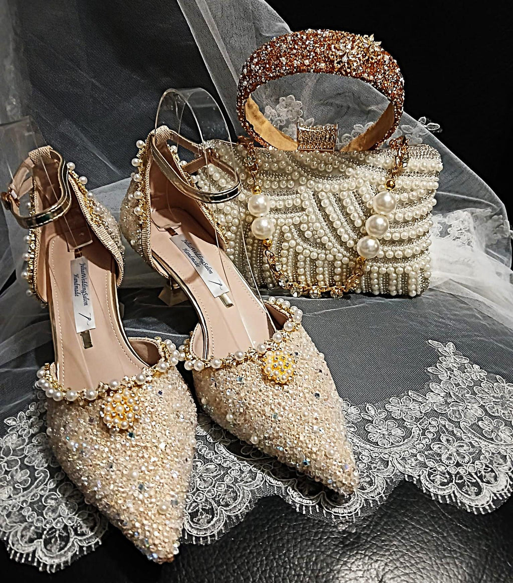 Ivory Pearl Crystal Wedding Sandals with Matching Clutch Bag And Hair Band