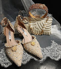 Ivory Pearl Crystal Wedding Sandals with Matching Clutch Bag And Hair Band