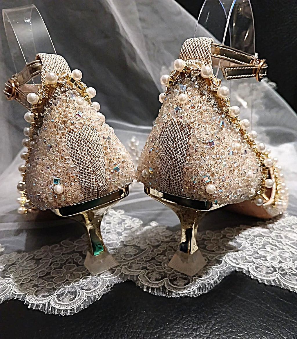 Ivory Pearl Crystal Wedding Sandals with Matching Clutch Bag And Hair Band