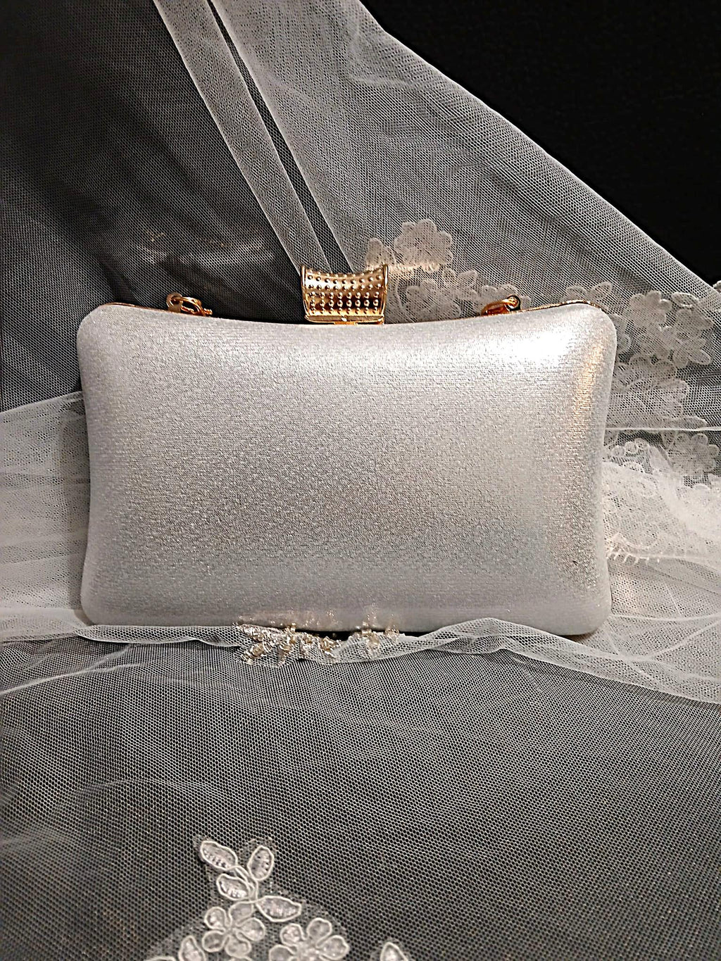 Ivory Pearl Bridal Clutch With Gold Hair Band: Wedding Purse with Crystal Strap