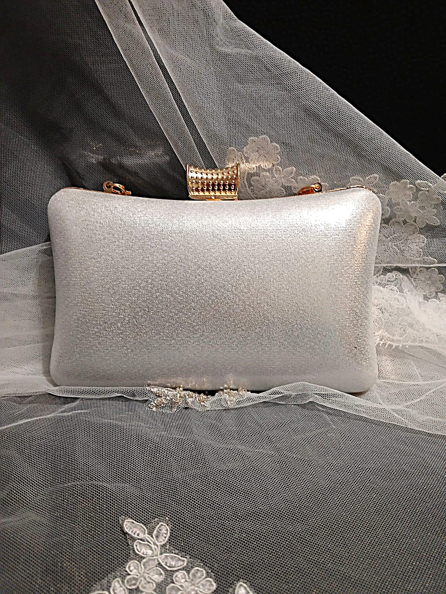 Ivory Pearl Bridal Clutch With Gold Hair Band: Wedding Purse with Crystal Strap