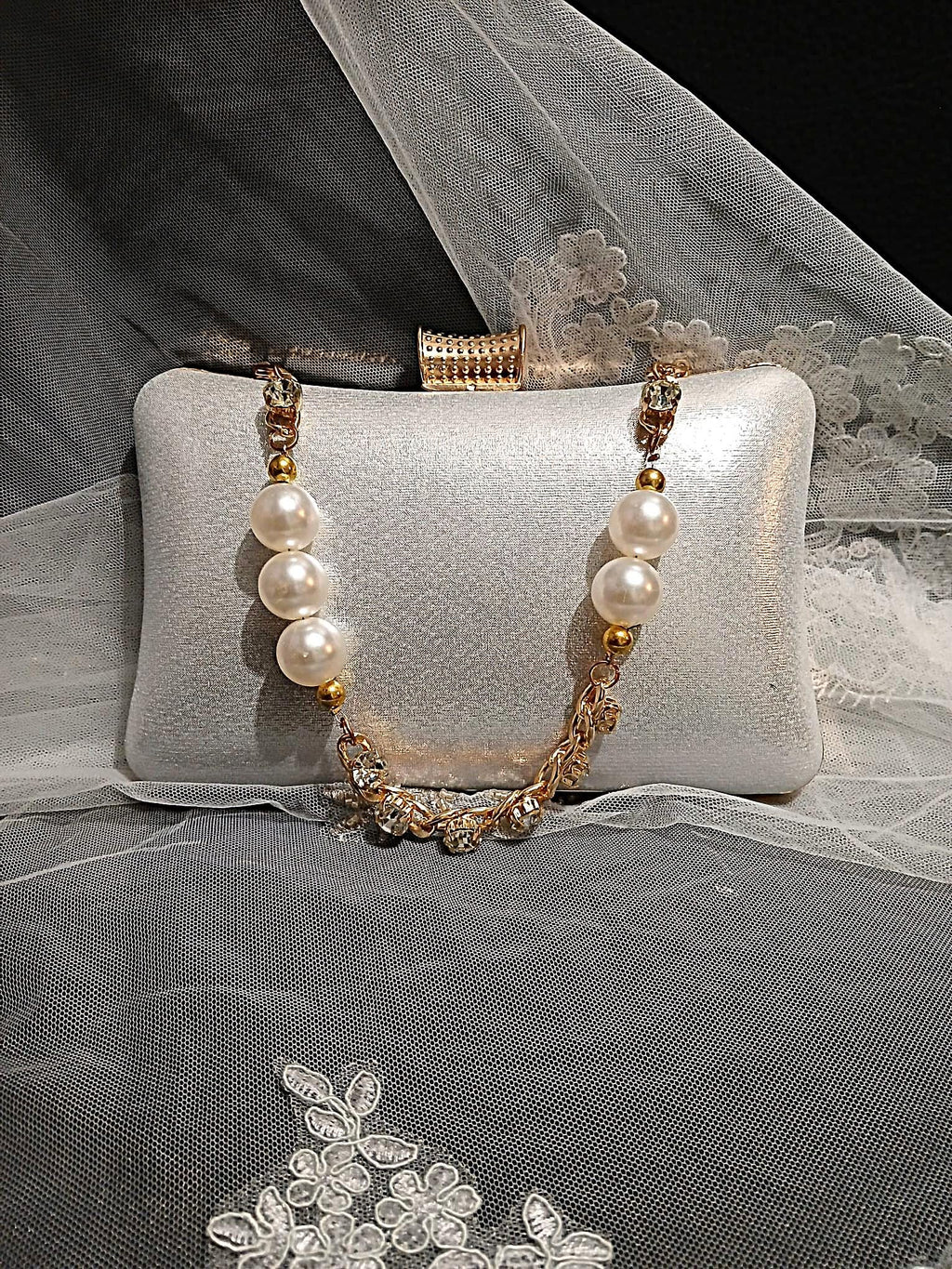 Ivory Pearl Bridal Clutch With Gold Hair Band: Wedding Purse with Crystal Strap
