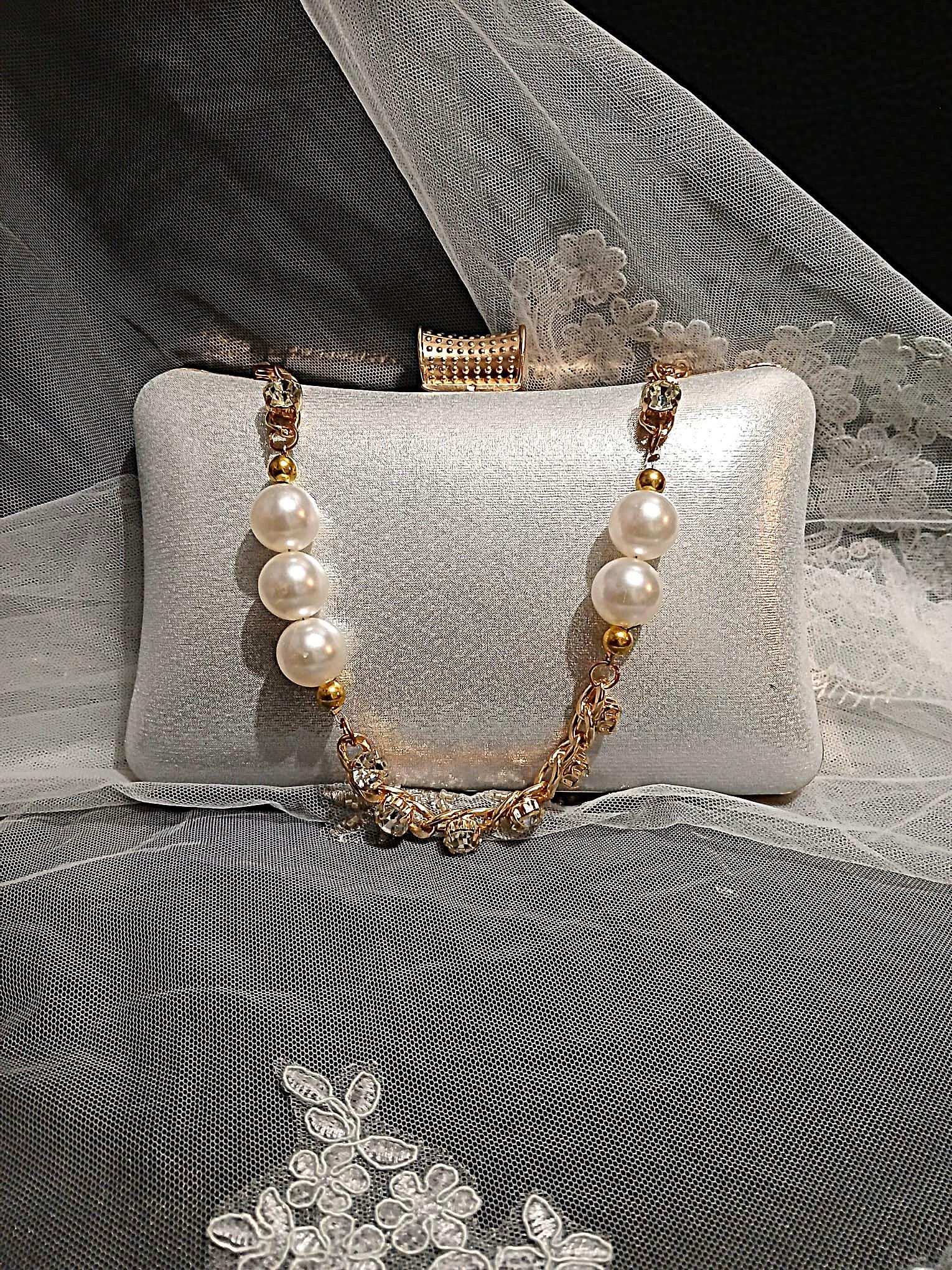 Ivory Pearl Bridal Clutch With Gold Hair Band: Wedding Purse with Crystal Strap