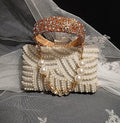 Ivory Pearl Bridal Clutch With Gold Hair Band: Wedding Purse with Crystal Strap
