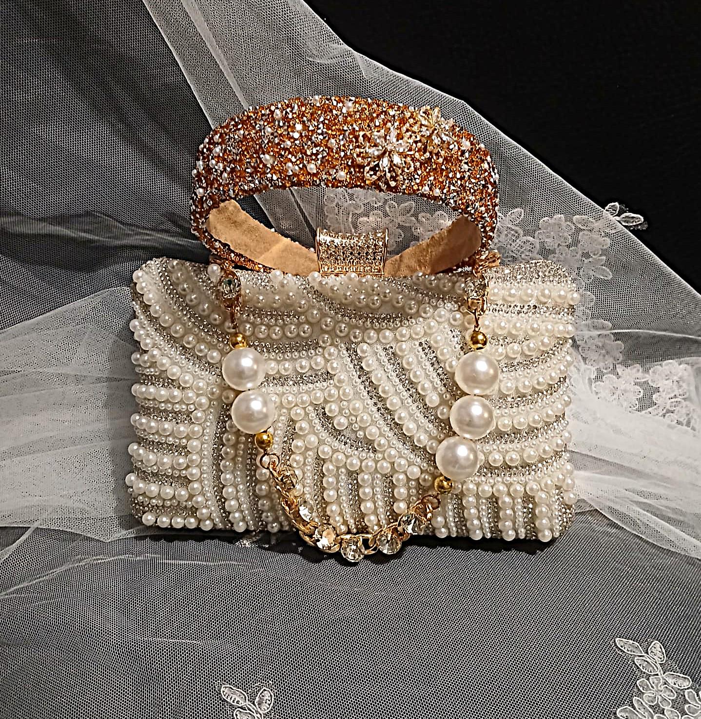 Ivory Pearl Bridal Clutch With Gold Hair Band: Wedding Purse with Crystal Strap