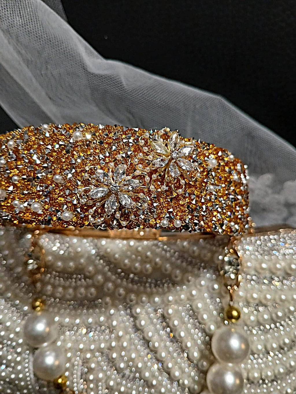 Ivory Pearl Bridal Clutch With Gold Hair Band: Wedding Purse with Crystal Strap