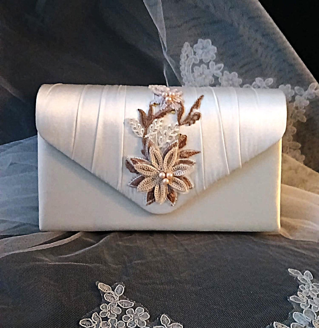 Ivory Floral Hat & Satin Clutch Bag Set With Brown And Beige Flowers,Formal Event Accessories