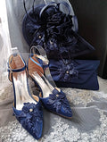Navy Blue Floral Thin Heel Sandal Hat & Clutch Set: Formal Occasion Footwear