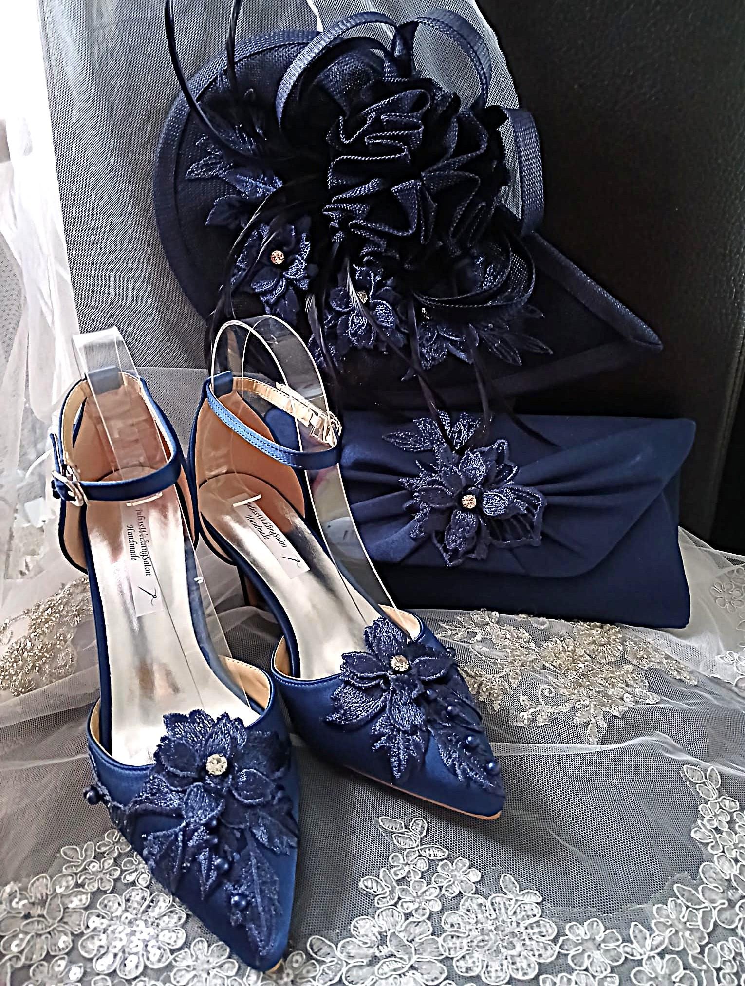 Navy Blue Floral Thin Heel Sandal Hat & Clutch Set: Formal Occasion Footwear
