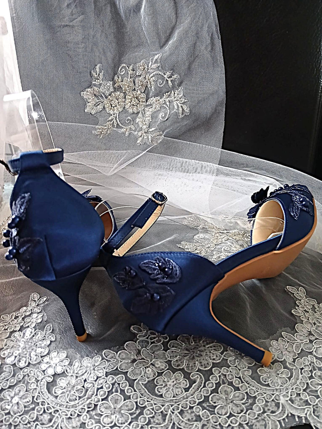 Navy Blue Floral Thin Heel Sandal Hat & Clutch Set: Formal Occasion Footwear