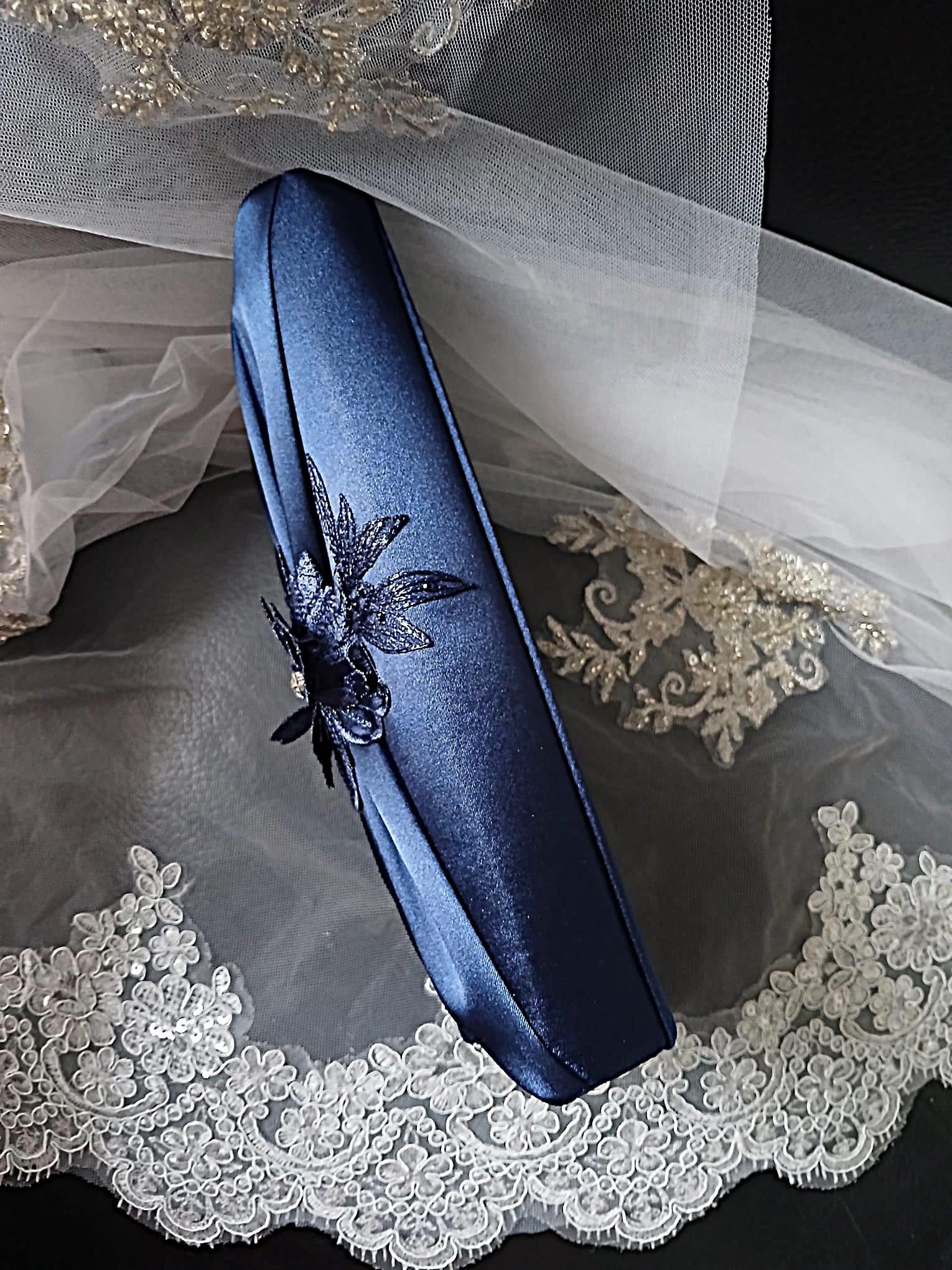 Navy Blue Floral Hat & Satin Clutch Bag Set For Formal Event,Party Accessories