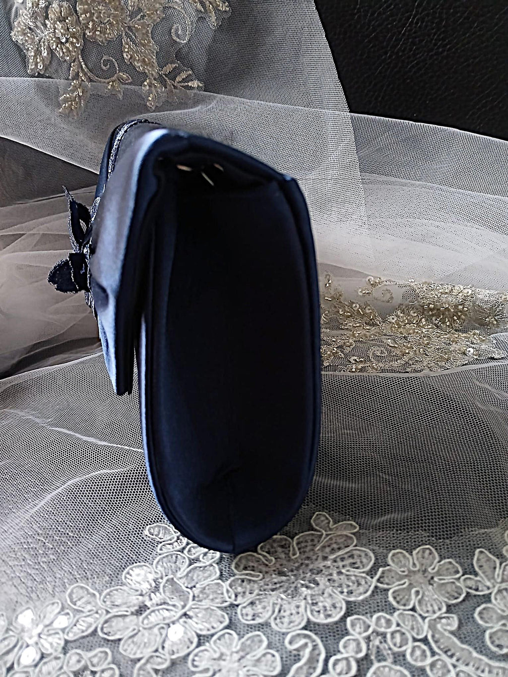 Navy Blue Floral Hat & Satin Clutch Bag Set For Formal Event,Party Accessories