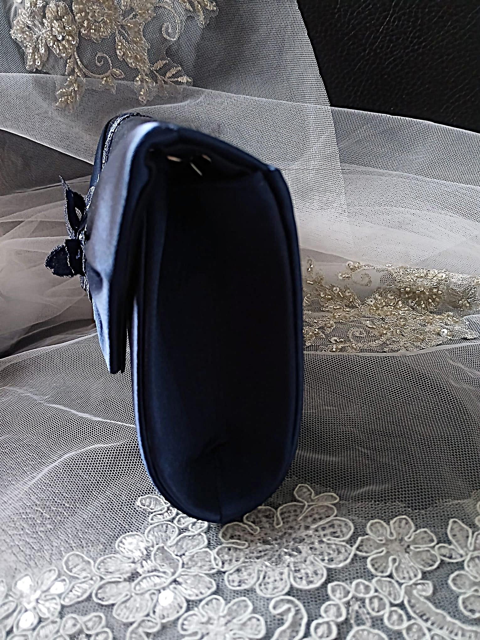Navy Blue Floral Hat & Satin Clutch Bag Set For Formal Event,Party Accessories