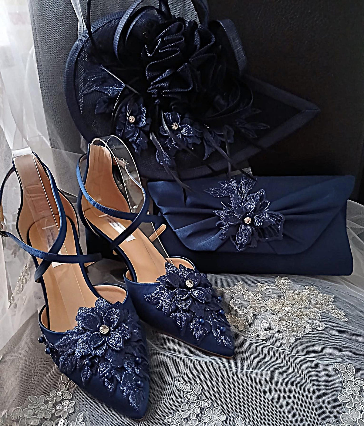 navy blue shoes with wedding dress Floral 2 Inches Block Heel Shoe Hat and Clutch Set For Formal Event Women’s size:L 081825-1 Bridal Shoes Black Floral Print Mesh