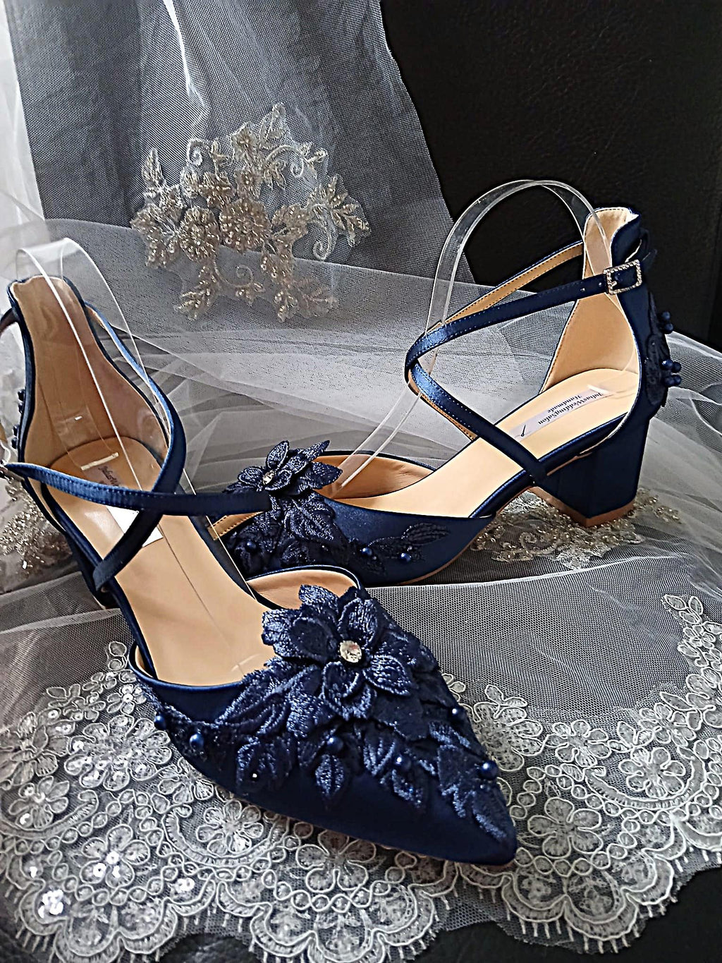 Navy Blue Floral 2 Inches Block Heel Shoe Hat and Clutch Set For Formal Event