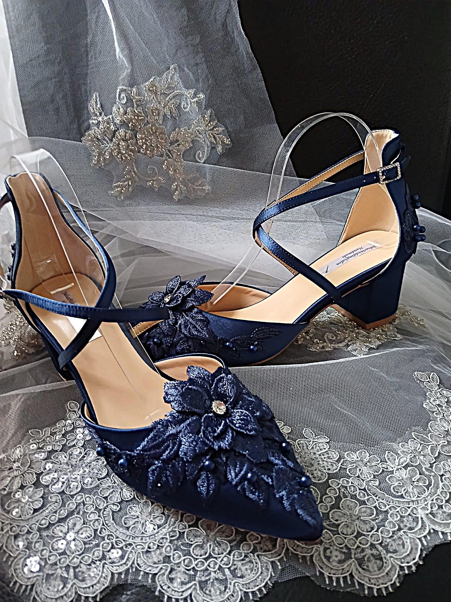 Navy Blue Floral 2 Inches Block Heel Shoe Hat and Clutch Set For Formal Event