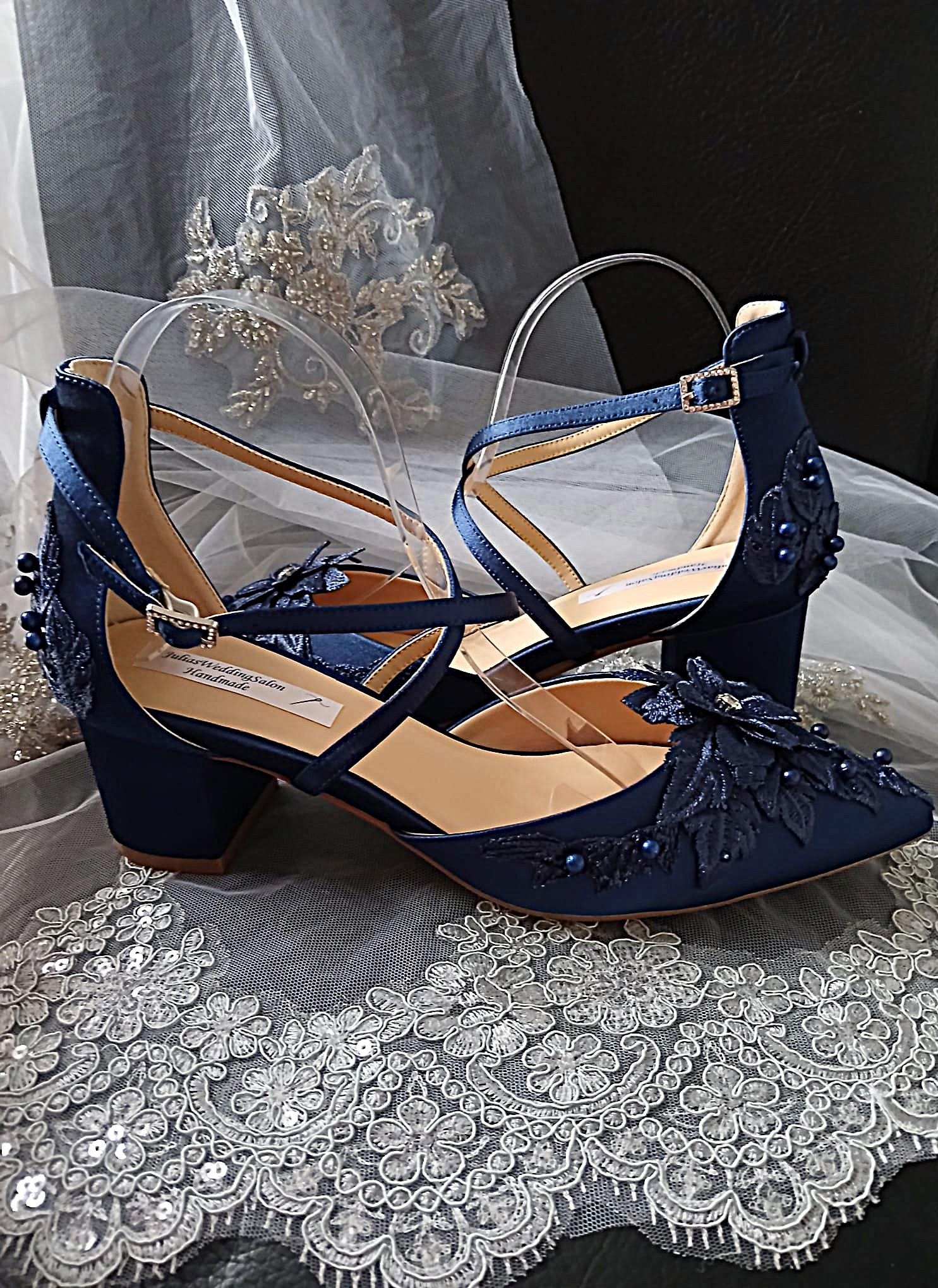 Navy Blue Floral 2 Inches Block Heel Shoe Hat and Clutch Set For Formal Event