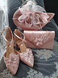 Pink shoes and handbag and hat with floral details 