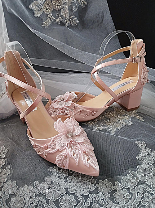 Blush Pink Floral 2 Inches Block Heel Shoe Hat and Clutch Set