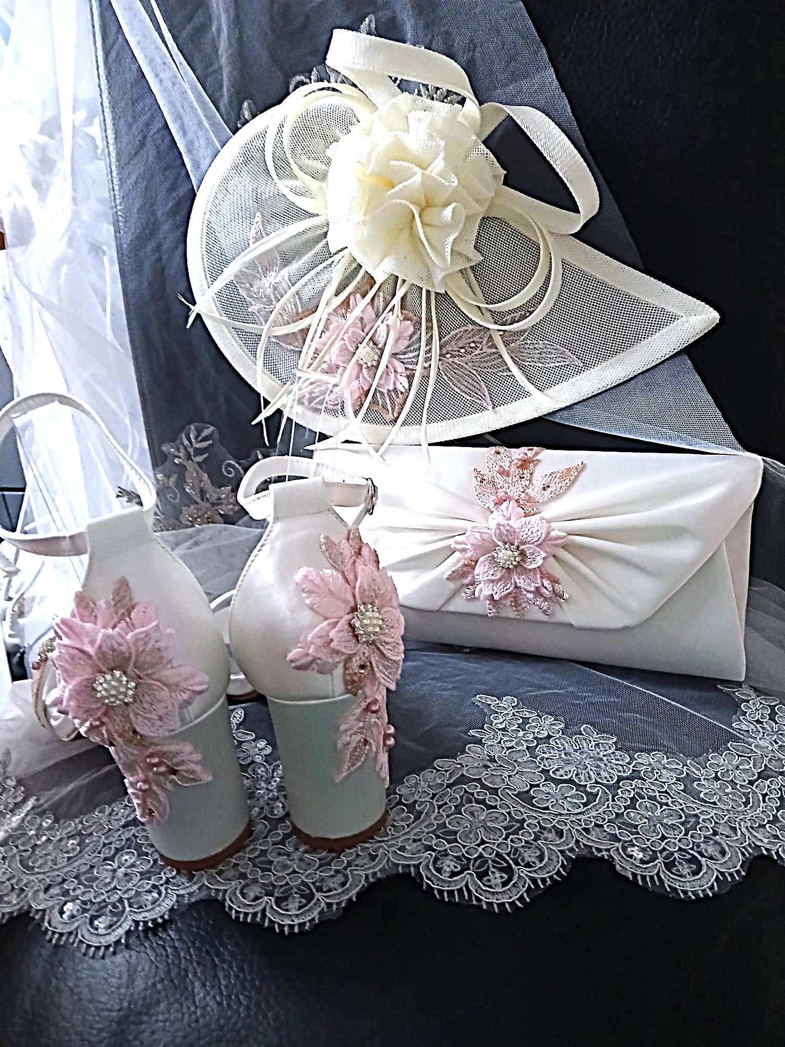 Ivory Floral Block Heel Sandal Hat & Clutch Set: Formal Occasion Footwear