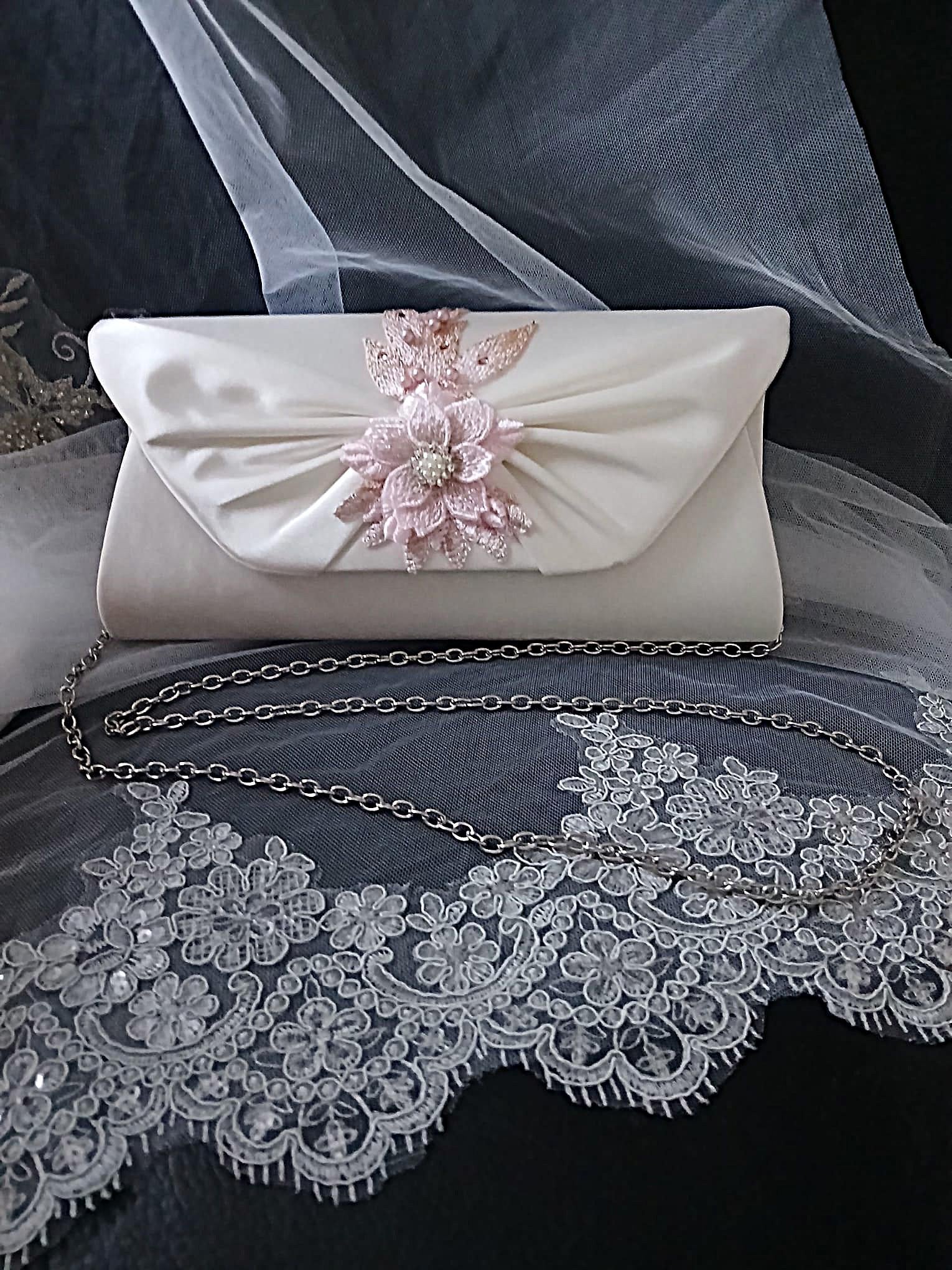 Ivory Satin Evening Clutch Bag With Pink Flower: Floral Wedding Handbag with Chain