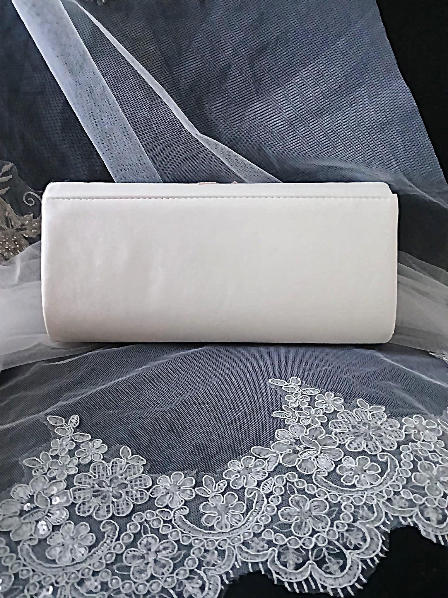Ivory Satin Evening Clutch Bag With Pink Flower: Floral Wedding Handbag with Chain