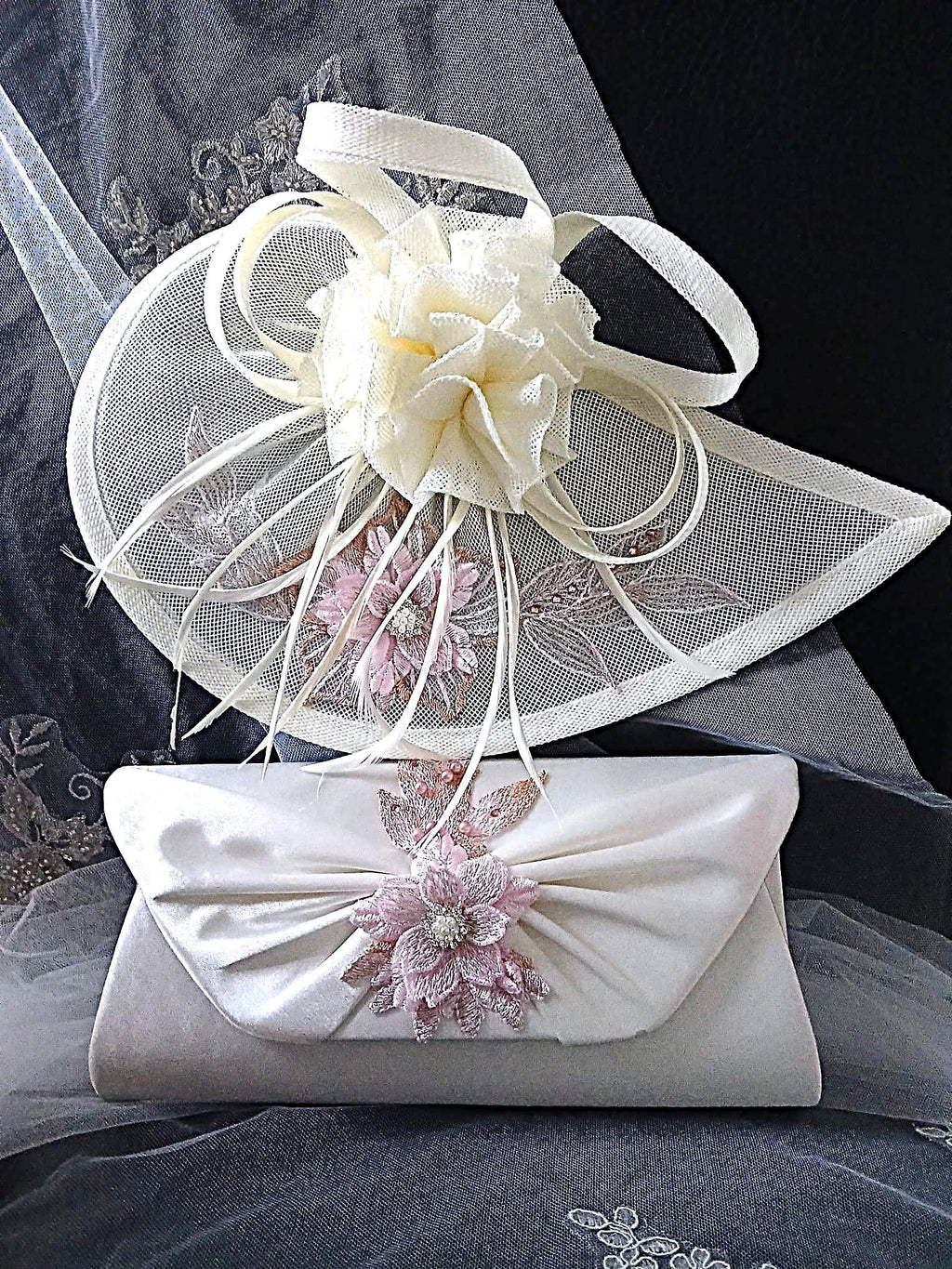 Ivory Floral Bridal Handbag & Hat Set With Pink Flower: Elegant Wedding Accessories