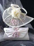 Ivory Floral Bridal Handbag & Hat Set With Pink Flower: Elegant Wedding Accessories