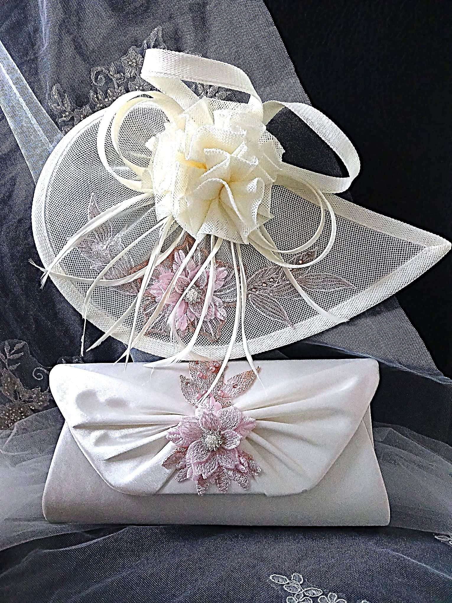 Ivory Floral Bridal Handbag & Hat Set With Pink Flower: Elegant Wedding Accessories
