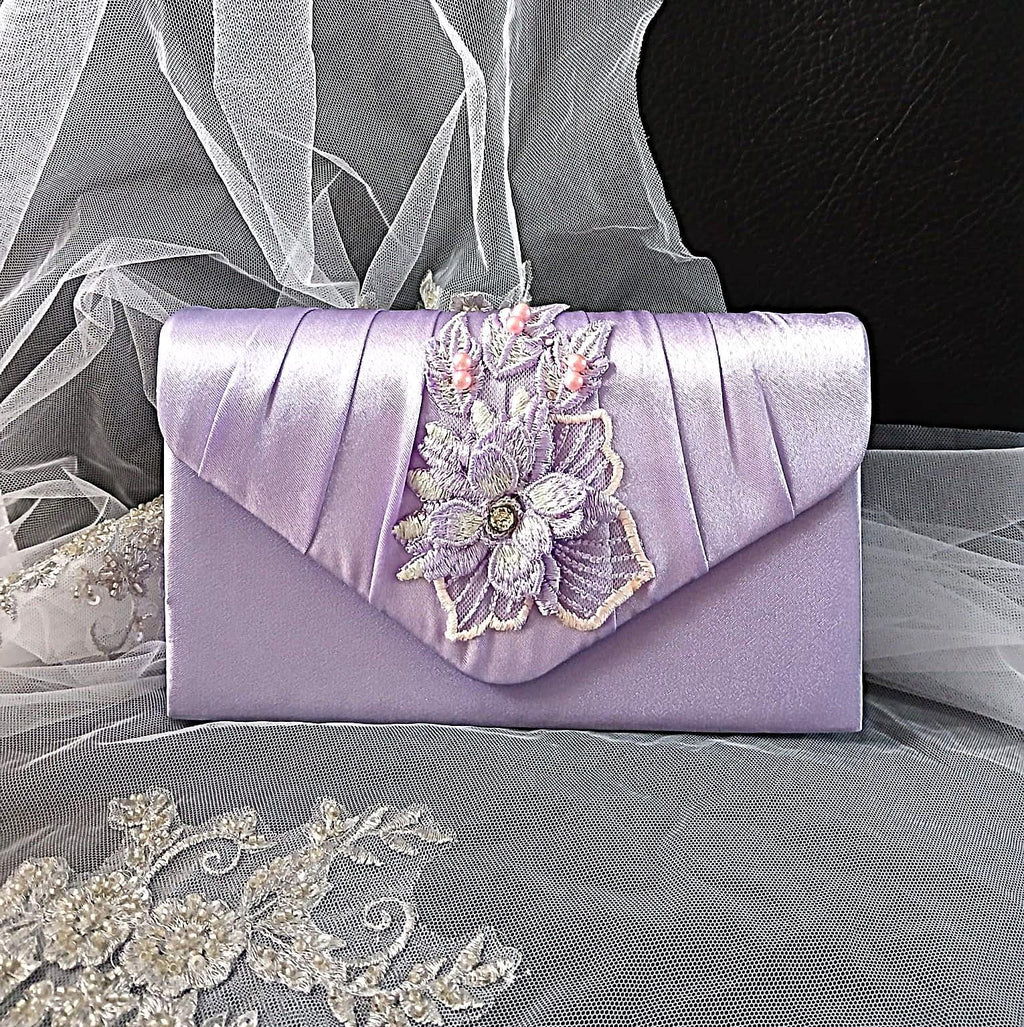 Light Purple Satin Evening Clutch: Floral Wedding Handbag With Chain