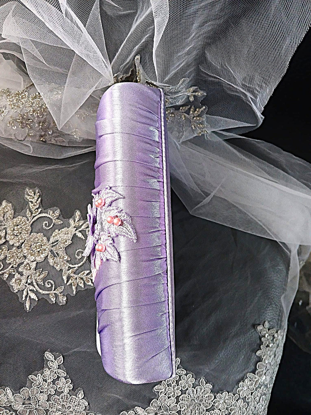 Light Purple Satin Evening Clutch: Floral Wedding Handbag With Chain