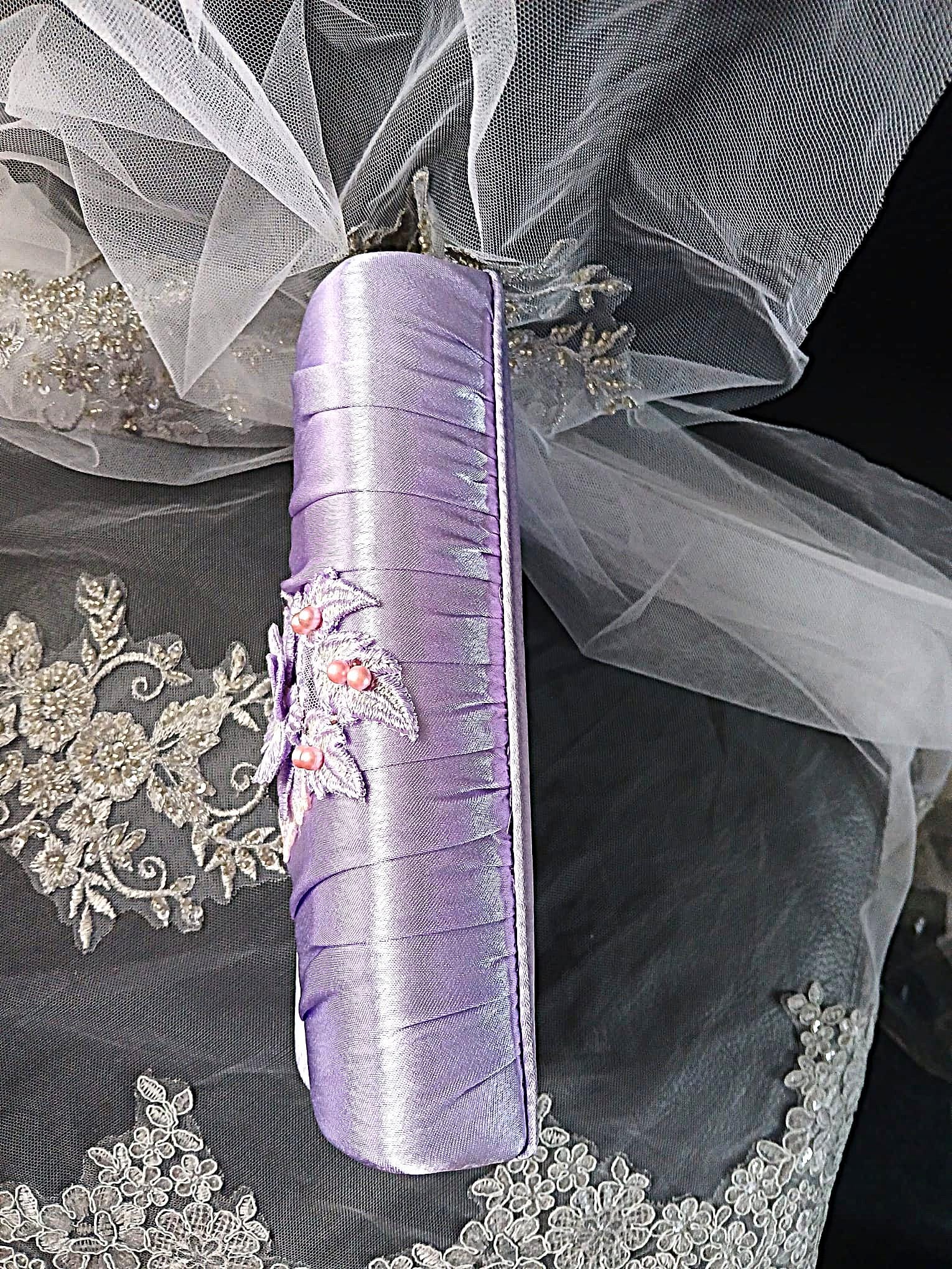 Light Purple Satin Evening Clutch: Floral Wedding Handbag With Chain
