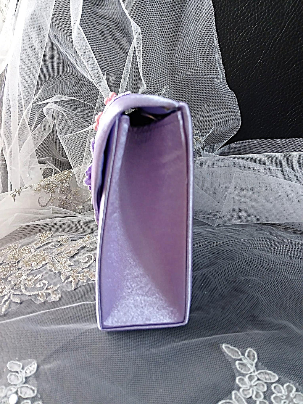 Light Purple Satin Evening Clutch: Floral Wedding Handbag With Chain