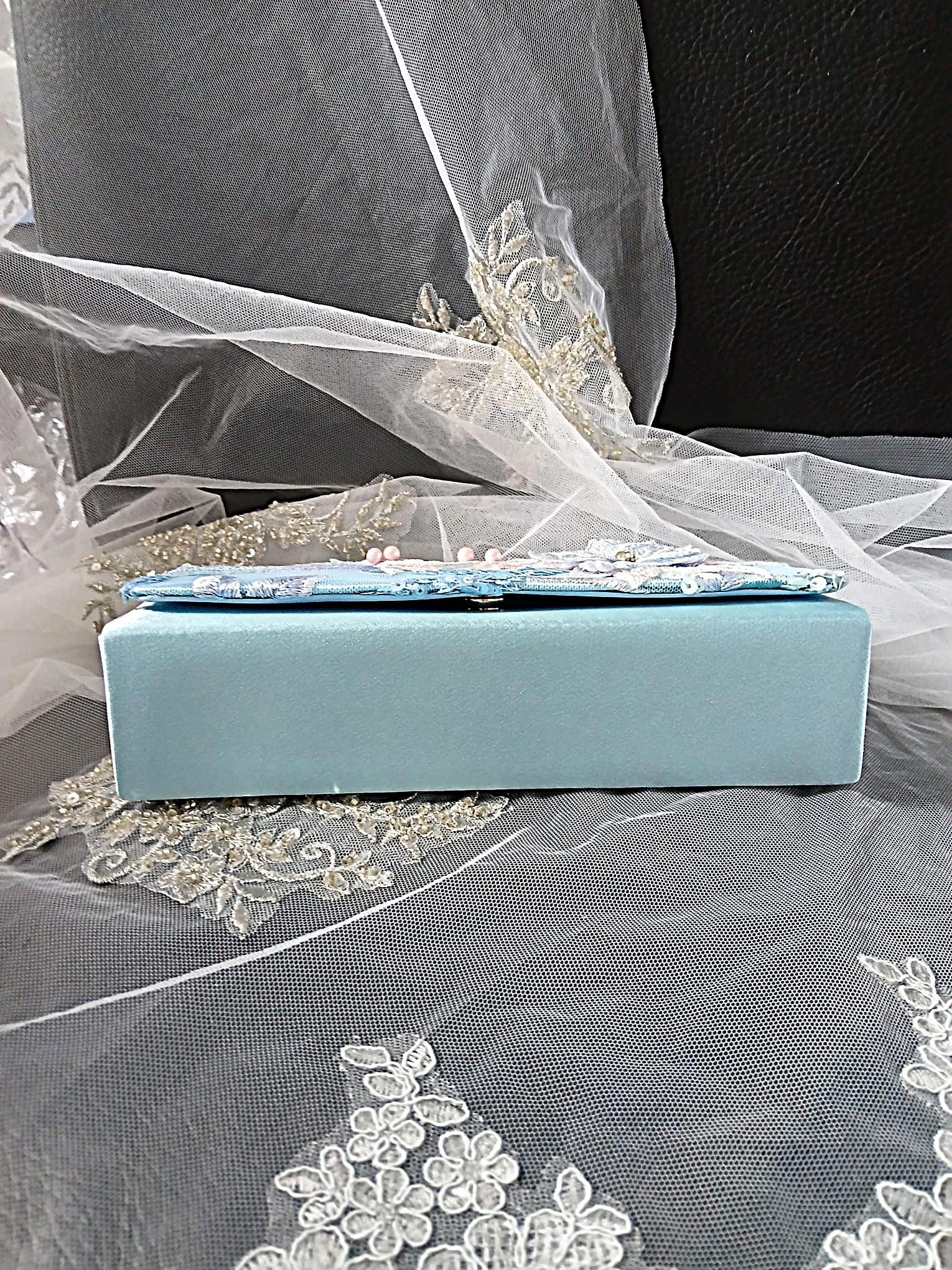 Light Blue Satin Clutch Bag: Floral Wedding Handbag with Chain