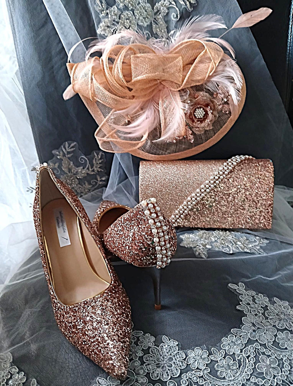 Rose Gold Glitter Shoes Hat and Clutch Bag Set: Low Heel Bridal Footwear