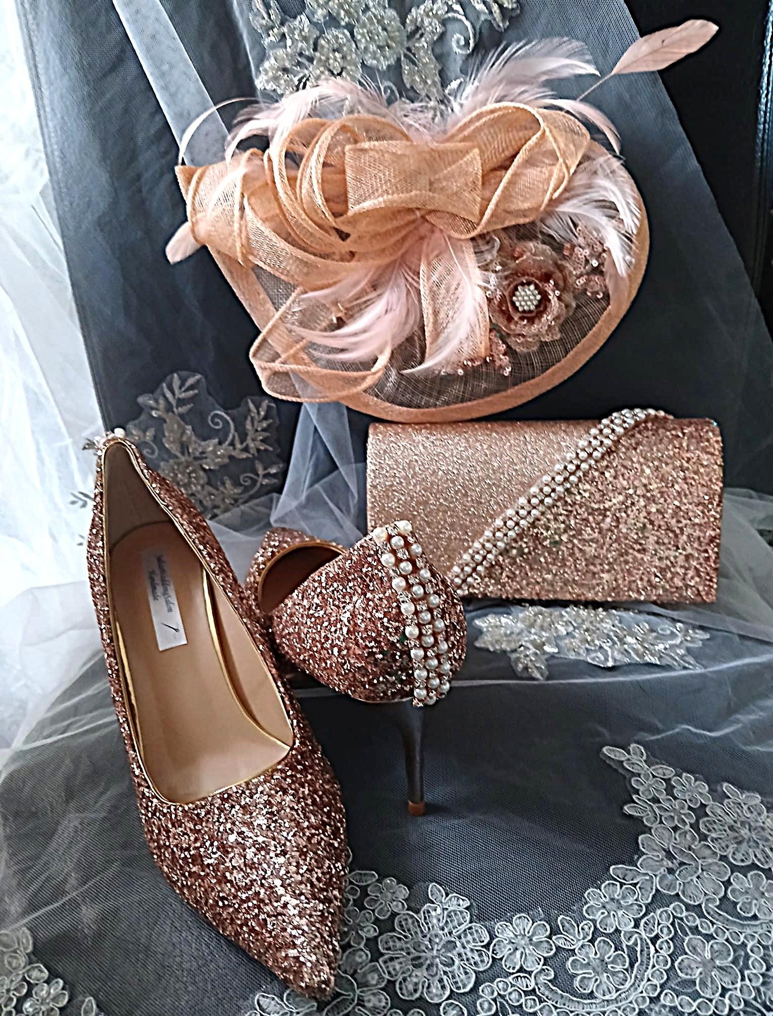 Rose Gold Glitter Shoes Hat and Clutch Bag Set: Low Heel Bridal Footwear