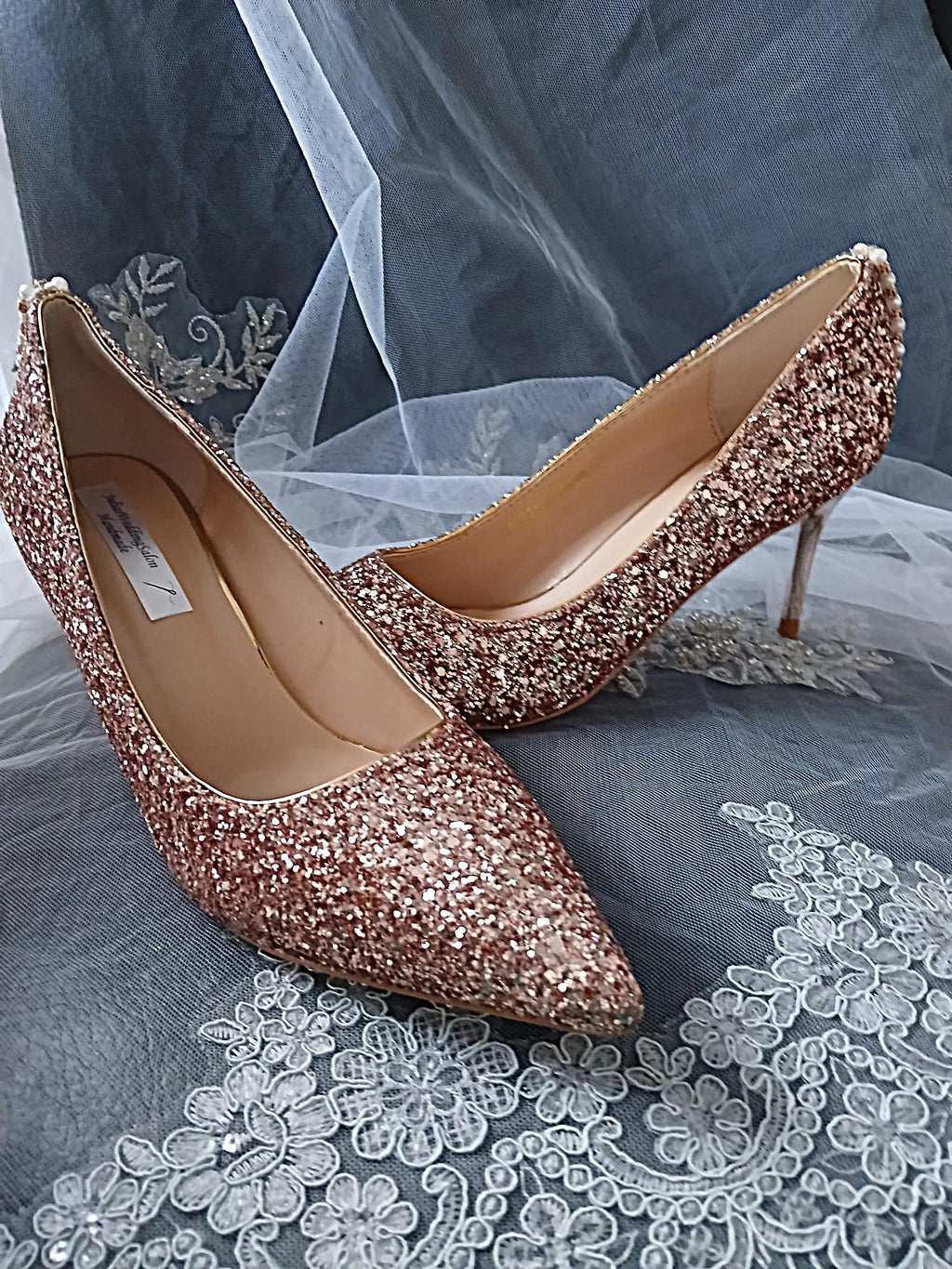 Rose Gold Glitter Shoes Hat and Clutch Bag Set: Low Heel Bridal Footwear