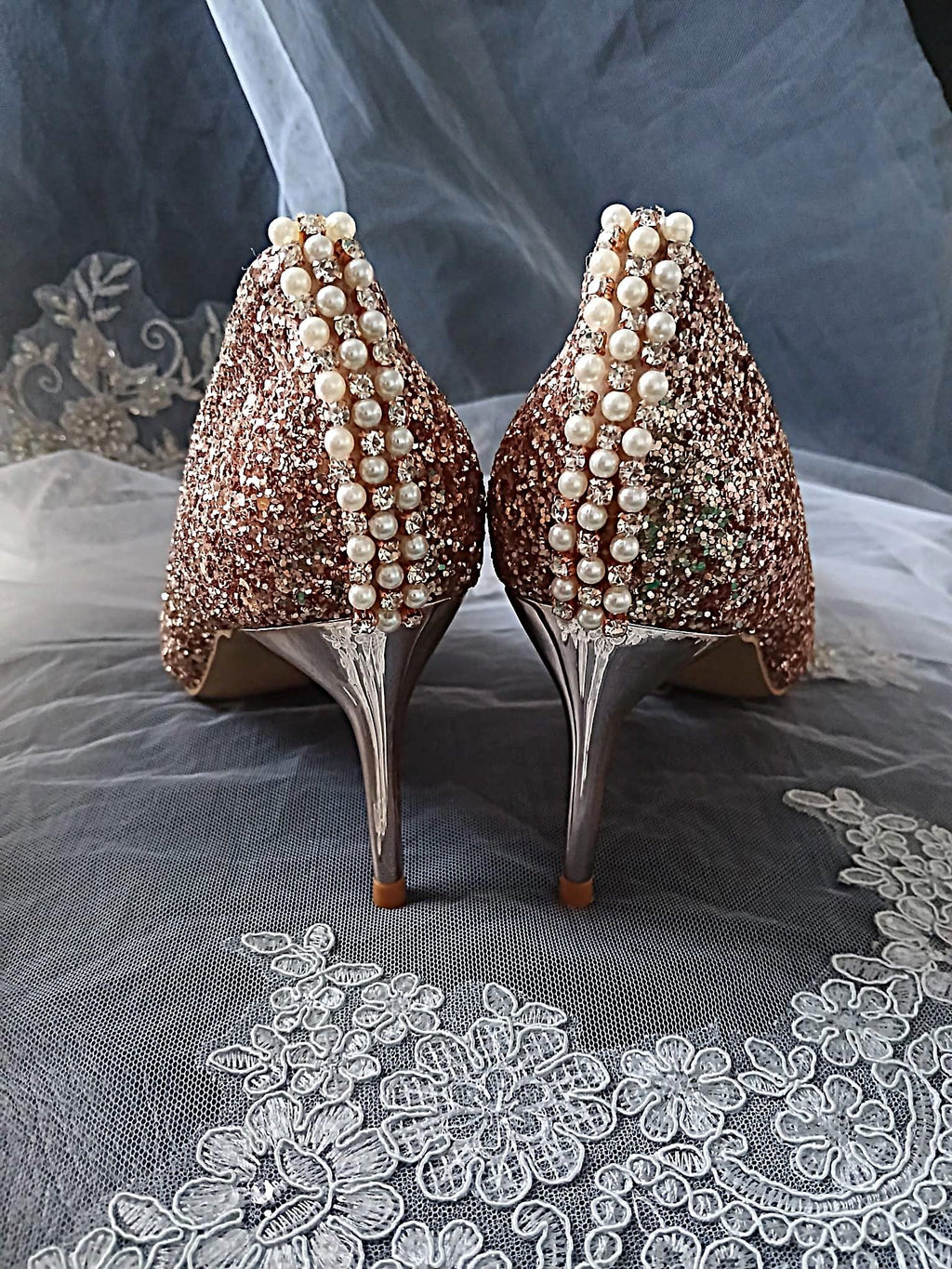 Rose Gold Glitter Shoes Hat and Clutch Bag Set: Low Heel Bridal Footwear
