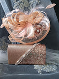 Rose Gold Floral Hat & Glitter Clutch Bag Set: Formal Event Accessories