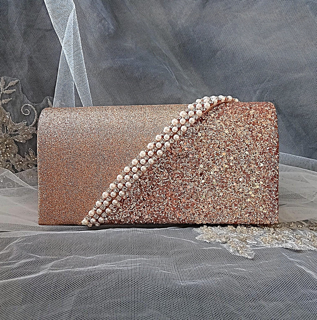 Rose Gold Floral Hat & Glitter Clutch Bag Set: Formal Event Accessories